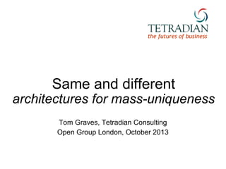 the futures of business

Same and different

architectures for mass-uniqueness
Tom Graves, Tetradian Consulting
Open Group London, October 2013

 
