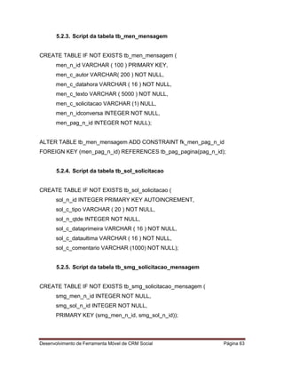 Desenvolvimento de Ferramenta Móvel de CRM Social Página 63
5.2.3. Script da tabela tb_men_mensagem
CREATE TABLE IF NOT EXISTS tb_men_mensagem (
men_n_id VARCHAR ( 100 ) PRIMARY KEY,
men_c_autor VARCHAR( 200 ) NOT NULL,
men_c_datahora VARCHAR ( 16 ) NOT NULL,
men_c_texto VARCHAR ( 5000 ) NOT NULL,
men_c_solicitacao VARCHAR (1) NULL,
men_n_idconversa INTEGER NOT NULL,
men_pag_n_id INTEGER NOT NULL);
ALTER TABLE tb_men_mensagem ADD CONSTRAINT fk_men_pag_n_id
FOREIGN KEY (men_pag_n_id) REFERENCES tb_pag_pagina(pag_n_id);
5.2.4. Script da tabela tb_sol_solicitacao
CREATE TABLE IF NOT EXISTS tb_sol_solicitacao (
sol_n_id INTEGER PRIMARY KEY AUTOINCREMENT,
sol_c_tipo VARCHAR ( 20 ) NOT NULL,
sol_n_qtde INTEGER NOT NULL,
sol_c_dataprimeira VARCHAR ( 16 ) NOT NULL,
sol_c_dataultima VARCHAR ( 16 ) NOT NULL,
sol_c_comentario VARCHAR (1000) NOT NULL);
5.2.5. Script da tabela tb_smg_solicitacao_mensagem
CREATE TABLE IF NOT EXISTS tb_smg_solicitacao_mensagem (
smg_men_n_id INTEGER NOT NULL,
smg_sol_n_id INTEGER NOT NULL,
PRIMARY KEY (smg_men_n_id, smg_sol_n_id));
 