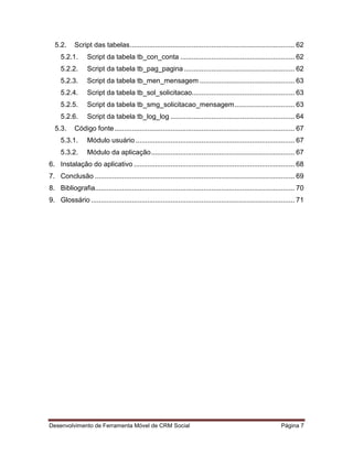 Desenvolvimento de Ferramenta Móvel de CRM Social Página 7
5.2. Script das tabelas..................................................................................... 62
5.2.1. Script da tabela tb_con_conta ........................................................... 62
5.2.2. Script da tabela tb_pag_pagina ......................................................... 62
5.2.3. Script da tabela tb_men_mensagem ................................................. 63
5.2.4. Script da tabela tb_sol_solicitacao..................................................... 63
5.2.5. Script da tabela tb_smg_solicitacao_mensagem............................... 63
5.2.6. Script da tabela tb_log_log ................................................................ 64
5.3. Código fonte............................................................................................. 67
5.3.1. Módulo usuário .................................................................................. 67
5.3.2. Módulo da aplicação.......................................................................... 67
6. Instalação do aplicativo ................................................................................... 68
7. Conclusão ....................................................................................................... 69
8. Bibliografia....................................................................................................... 70
9. Glossário ......................................................................................................... 71
 