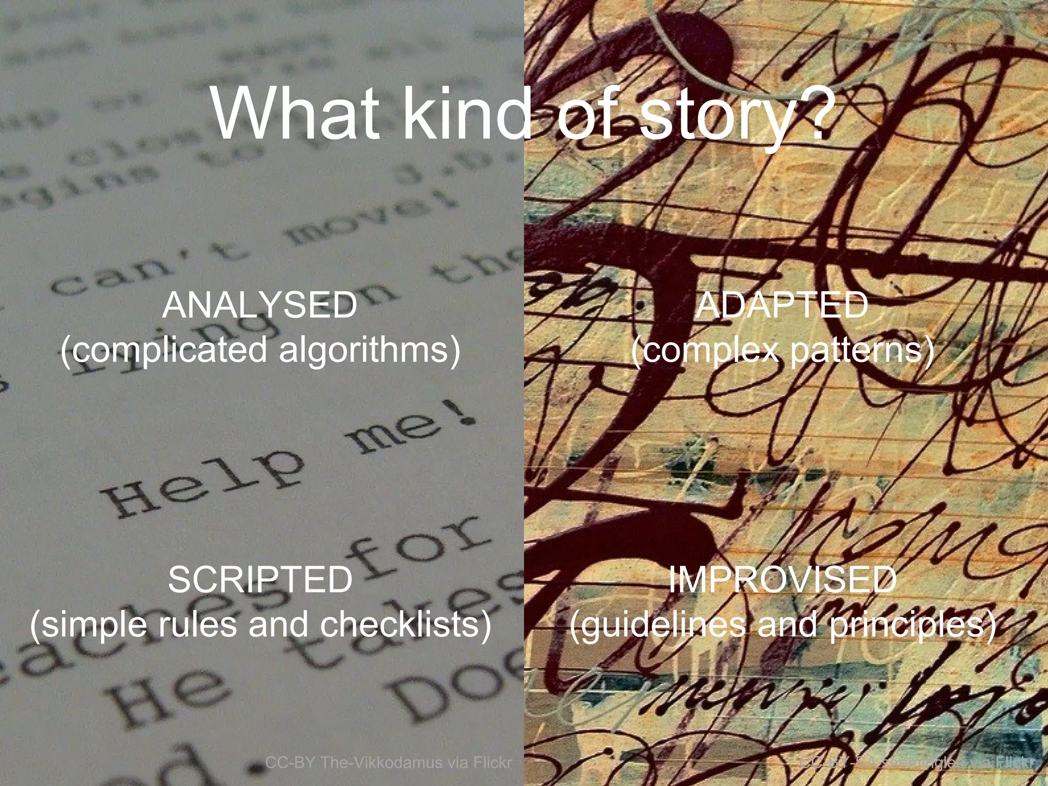 What kind of story?
SCRIPTED
(simple rules and checklists)
CC-BY The-Vikkodamus via Flickr CC-BY-SA seeminglee via Flickr
IMPROVISED
(guidelines and principles)
ANALYSED
(complicated algorithms)
ADAPTED
(complex patterns)
 