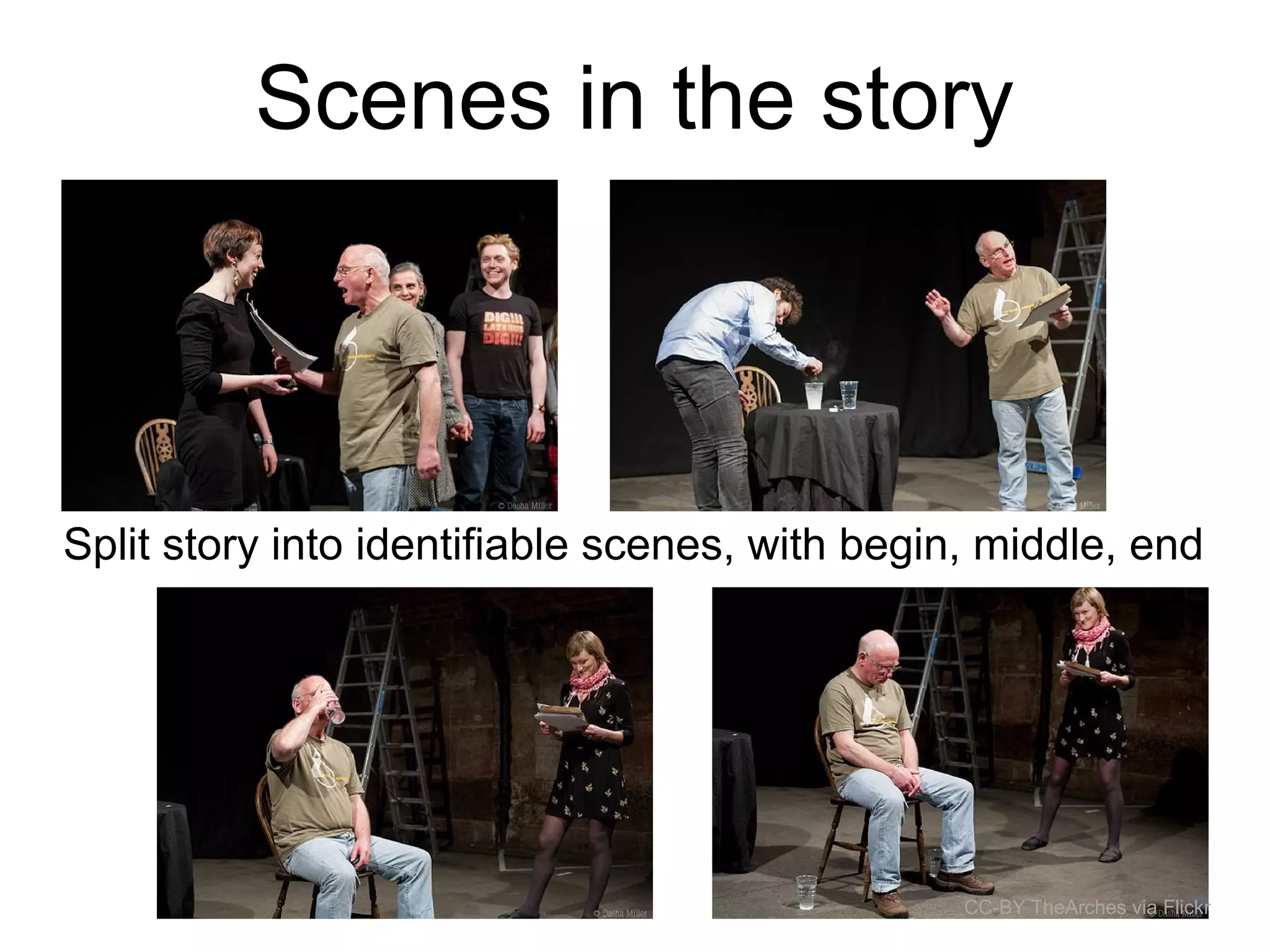 Scenes in the story
Split story into identifiable scenes, with begin, middle, end
CC-BY TheArches via Flickr
 