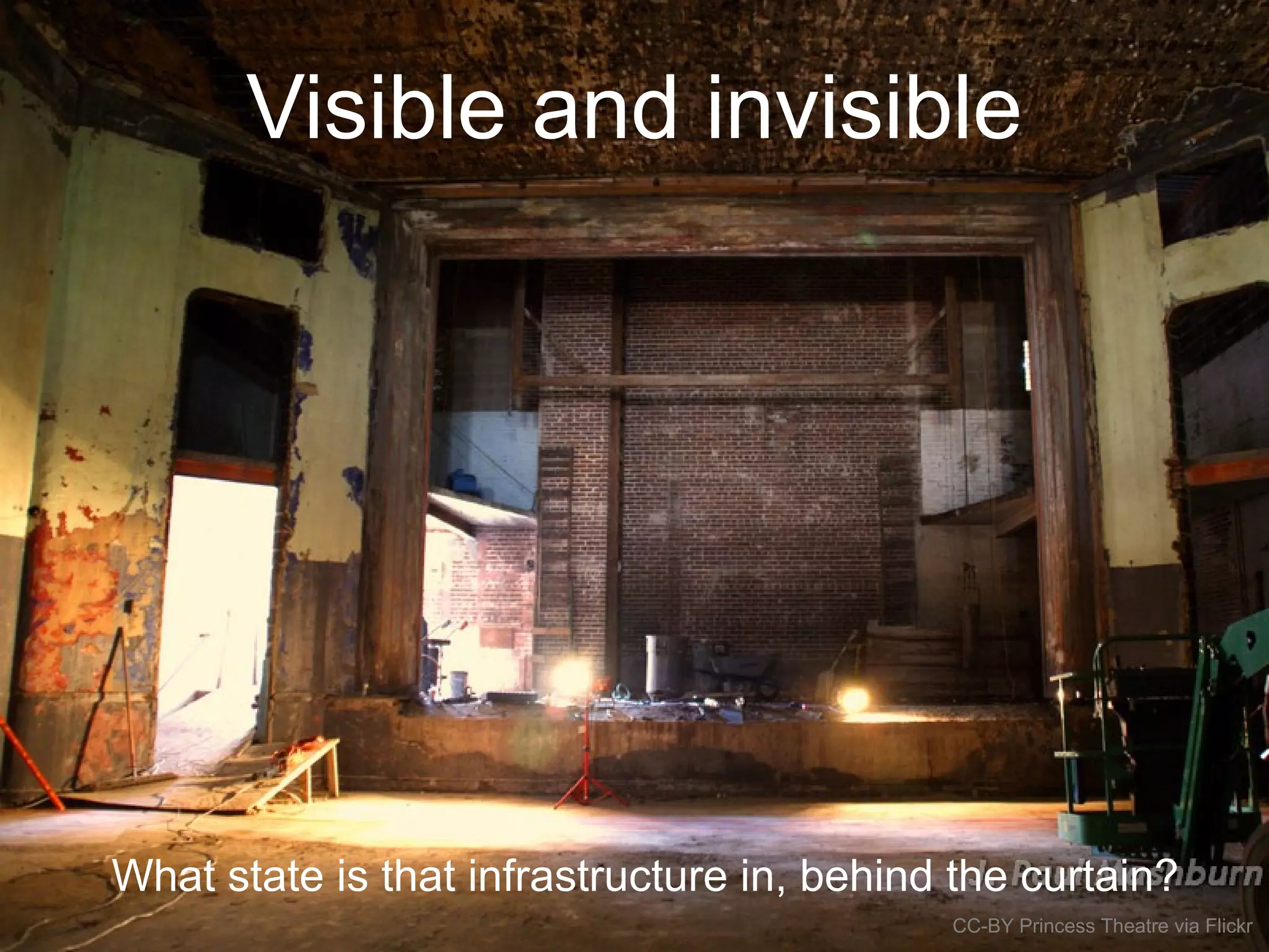 Visible and invisible
What state is that infrastructure in, behind the curtain?
CC-BY Princess Theatre via Flickr
 