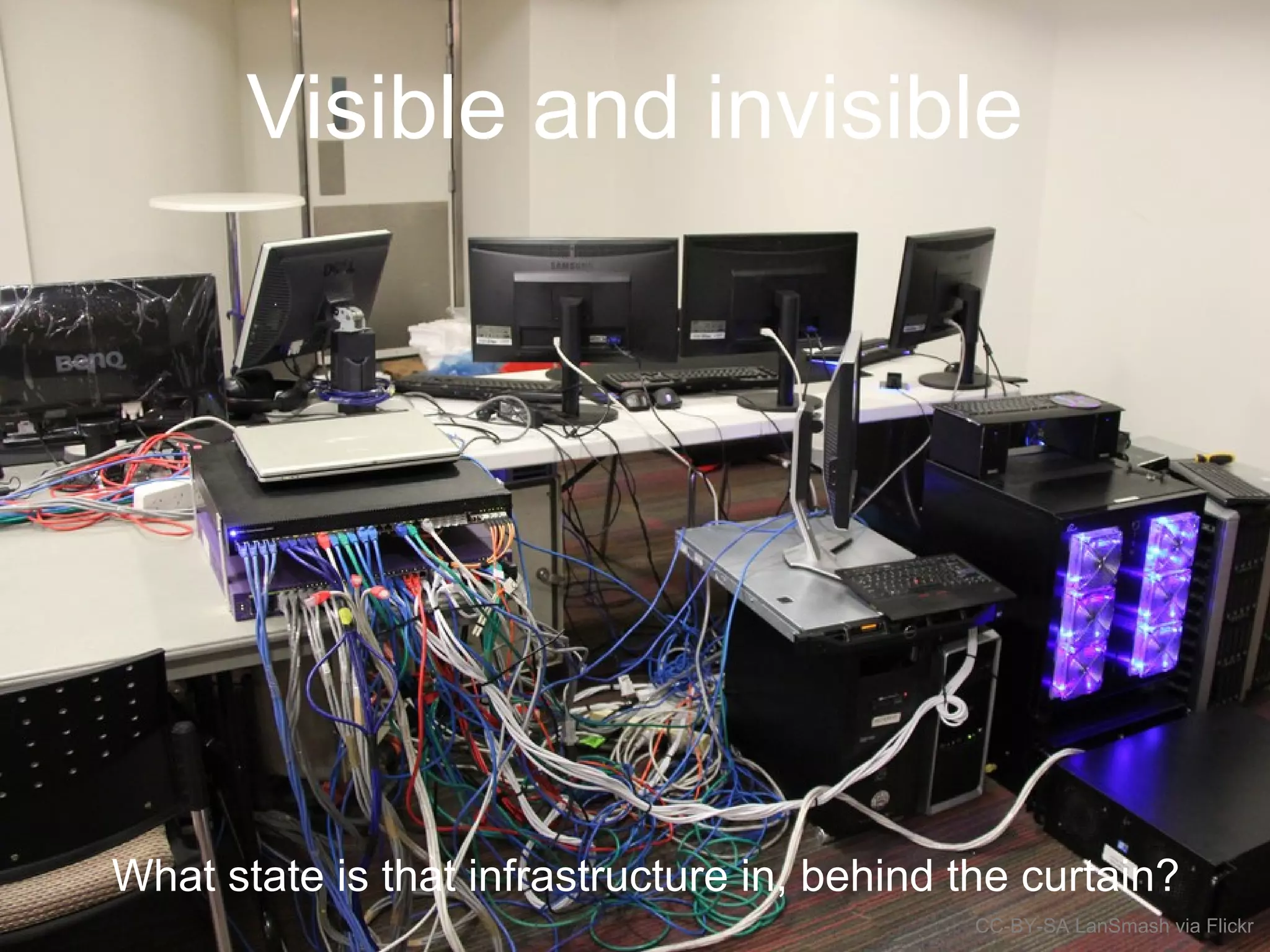 Visible and invisible
What state is that infrastructure in, behind the curtain?
CC-BY-SA LanSmash via Flickr
 