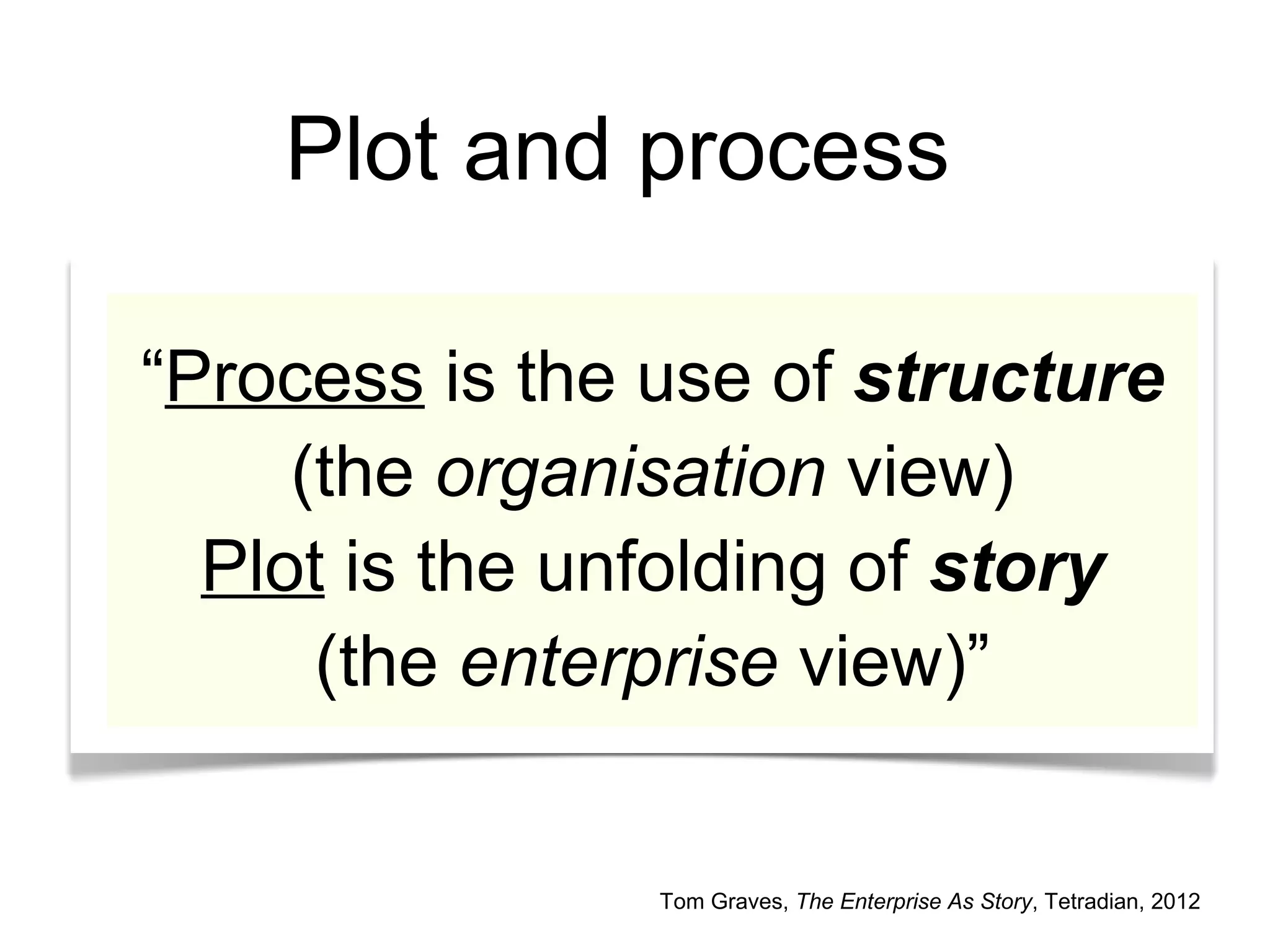 “Process is the use of structure
(the organisation view)
Plot is the unfolding of story
(the enterprise view)”
Tom Graves, The Enterprise As Story, Tetradian, 2012
Plot and process
 