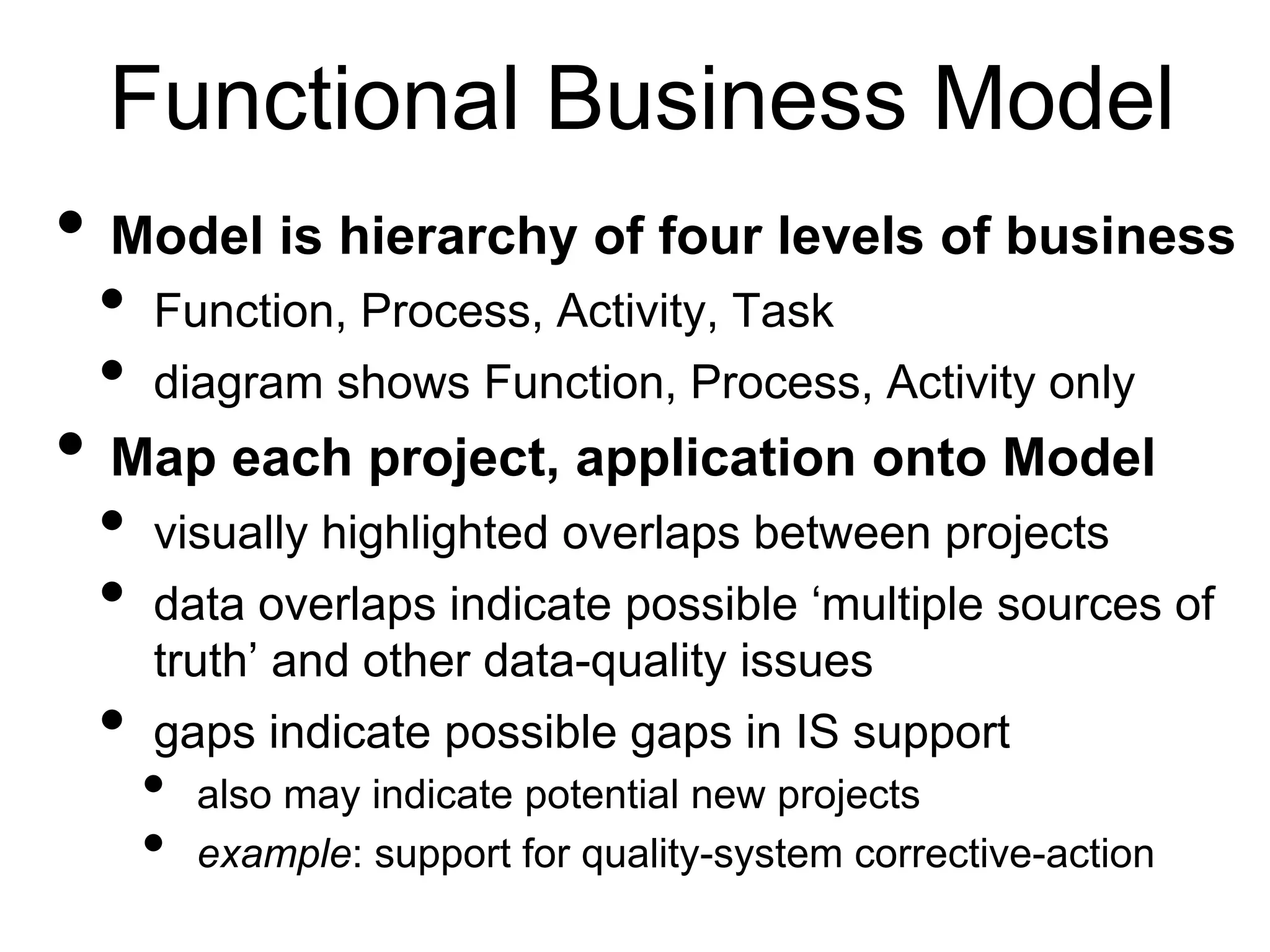 Functional Business Model 
• Model is hierarchy of four levels of business 
• Function, Process, Activity, Task 
• diagram shows Function, Process, Activity only 
• Map each project, application onto Model 
• visually highlighted overlaps between projects 
• data overlaps indicate possible ‘multiple sources of 
truth’ and other data-quality issues 
• gaps indicate possible gaps in IS support 
• also may indicate potential new projects 
• example: support for quality-system corrective-action 
 