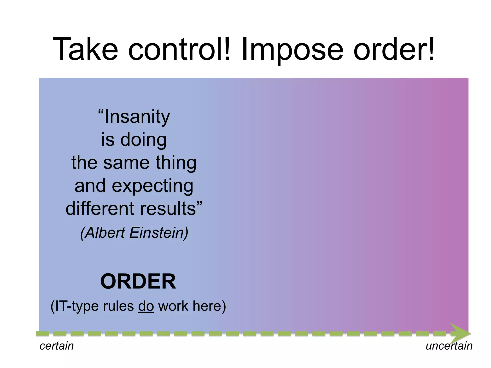 Take control! Impose order! 
“Insanity 
is doing 
the same thing 
and expecting 
different results” 
(Albert Einstein) 
ORDER 
(IT-type rules do work here) 
certain uncertain 
 