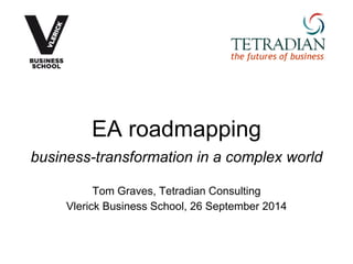 the futures of business 
EA roadmapping 
business-transformation in a complex world 
Tom Graves, Tetradian Consulting 
Vlerick Business School, 26 September 2014 
 
