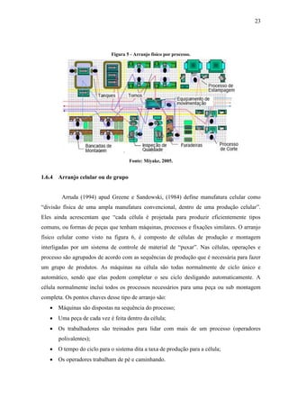 23
Figura 5 - Arranjo físico por processo.
Fonte: Miyake, 2005.
1.6.4 Arranjo celular ou de grupo
Arruda (1994) apud Greene e Sandowski, (1984) define manufatura celular como
“divisão física de uma ampla manufatura convencional, dentro de uma produção celular”.
Eles ainda acrescentam que “cada célula é projetada para produzir eficientemente tipos
comuns, ou formas de peças que tenham máquinas, processos e fixações similares. O arranjo
físico celular como visto na figura 6, é composto de células de produção e montagem
interligadas por um sistema de controle de material de “puxar”. Nas células, operações e
processo são agrupados de acordo com as sequências de produção que é necessária para fazer
um grupo de produtos. As máquinas na célula são todas normalmente de ciclo único e
automático, sendo que elas podem completar o seu ciclo desligando automaticamente. A
célula normalmente inclui todos os processos necessários para uma peça ou sub montagem
completa. Os pontos chaves desse tipo de arranjo são:
 Máquinas são dispostas na sequência do processo;
 Uma peça de cada vez é feita dentro da célula;
 Os trabalhadores são treinados para lidar com mais de um processo (operadores
polivalentes);
 O tempo do ciclo para o sistema dita a taxa de produção para a célula;
 Os operadores trabalham de pé e caminhando.
 