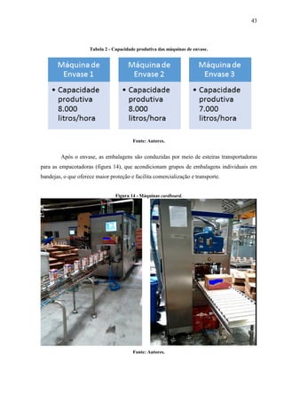 43
Tabela 2 - Capacidade produtiva das máquinas de envase.
Fonte: Autores.
Após o envase, as embalagens são conduzidas por meio de esteiras transportadoras
para as empacotadoras (figura 14), que acondicionam grupos de embalagens individuais em
bandejas, o que oferece maior proteção e facilita comercialização e transporte.
Figura 14 - Máquinas cardboard.
Fonte: Autores.
 