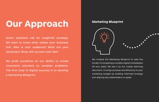 Our Approach
Smart solutions call for insightful strategy.
We want to know what makes your business
tick. Who is your audience? What are your
obstacles? What will success look like?
We pride ourselves on our ability to create
innovative solutions to complex problems.
The first step to digital success is to develop
a Marketing Blueprint.
We created the Marketing Blueprint to take the
burden of navigating a complex digital marketplace
off your plate. We see it as our master planning
document. It brings purpose and efficiency to your
marketing budget by building informed strategy
and aligning key stakeholders on goals.
Marketing Blueprint
TG_1-2020_Mivacon Brochure.indd 12TG_1-2020_Mivacon Brochure.indd 12 2/27/20 2:07 PM2/27/20 2:07 PM
 