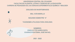 UNIVERSIDAD CENTRAL DEL ECUADOR
FACULTAD DE FILOSOFÍA, LETRAS Y CIENCIAS DE LA EDUCACIÓN
CARRERA DE PEDAGOGÍA DE LAS CIENCIAS EXPERIMENTALES QUÍMICA Y BIOLOGÍA
ZOOLOGÍA DE INVERTEBRADOS
MSc. IVÁN MORILLO
SEGUNDO SEMESTRE “A”
TAXONOMÍA UTILIZADA PARA ZOOLOGÍA
NOMBRES:
CRIOLLO TITE KAREN SOFÍA
CHURACO GUATEMAL JOSÉ RAFAEL
2021 - 2022
 