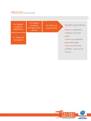PROCESS (continued)
Support in	negotiations,	
resignation and	notice
period.
Feedback	to	candidate(s)	
after profile testing.
Follow-up	of client and	
candidate – minimum	the
first	year.
Quality assurance14.	Bistå	i	å	
forhandle	
betingelser
17.	Follow up	
trial	period
16.	Follow-up	
notice period
15.	Support	
candidate
through notice
period
14.	Support	
conditions
negotiations
 