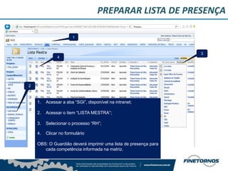 PREPARAR LISTA DE PRESENÇA
1
1. Acessar a aba “SGI”, disponível na intranet;
2. Acessar o item “LISTA MESTRA”;
3. Selecionar o processo “RH”;
4. Clicar no formulário
OBS: O Guardião deverá imprimir uma lista de presença para
cada competência informada na matriz.
2
3
4
 