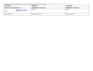 Ministerio de Educación del Ecuador, Derecho de autor 033293 (2010) Quito - Ecuador
ELABORADO REVISADO APROBADO
DOCENTE: Elizabeth Sarmiento NOMBRE: Msc. Delia Haro NOMBRE: Msc. Delia Haro
Firma:
Firma: Firma:
Fecha: 18-10-2022 Fecha: 18-10-2022 Fecha: 18-10-2022
 