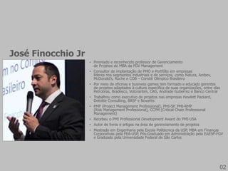 • Premiado e reconhecido professor de Gerenciamento 
de Projetos do MBA da FGV Management 
• Consultor de implantação de PMO e Portfólio em empresas 
líderes nos segmentos industriais e de serviços, como Natura, Ambev, 
McDonald’s, Roche e COB – Comitê Olímpico Brasileiro 
• Por meio de oficinas e business games tem formado e educado gerentes 
de projetos adaptados à cultura específica de suas organizações, entre elas 
Petrobras, Bradesco, Votorantim, OAS, Andrade Gutierrez e Banco Central 
• Trabalhou como executivo de projetos nas empresas Hewlett Packard, 
Deloitte Consulting, BASF e Novartis 
• PMP (Project Management Professional), PMI-SP, PMI-RMP 
(Risk Management Professional), CCPM (Critical Chain Professional 
Management) 
• Recebeu o PMI Professional Development Award do PMI-USA 
• Autor de livros e artigos na área de gerenciamento de projetos 
• Mestrado em Engenharia pela Escola Politécnica da USP, MBA em Finanças 
Corporativas pela FEA-USP, Pós-Graduado em Administração pela EAESP-FGV 
e Graduado pela Universidade Federal de São Carlos 
José Finocchio Jr 
02 
 