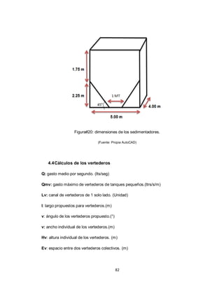 Figura#20: dimensiones de los sedimentadores.
(Fuente: Propia AutoCAD)

4.4 Cálculos de los vertederos
Q: gasto medio por segundo. (lts/seg)
Qmv: gasto máximo de vertederos de tanques pequeños.(ltrs/s/m)
Lv: canal de vertederos de 1 solo lado. (Unidad)
l: largo propuestos para vertederos.(m)
v: ángulo de los vertederos propuesto.(°)
v: ancho individual de los vertederos.(m)
Hv: altura individual de los vertederos. (m)
Ev: espacio entre dos vertederos colectivos. (m)

82

 
