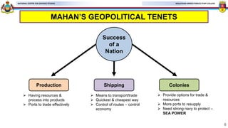 MALAYSIAN ARMED FORCES STAFF COLLEGE
NATIONAL CENTRE FOR DEFENCE STUDIES
MAHAN’S GEOPOLITICAL TENETS
6
Success
of a
Nation
Production Shipping Colonies
 Having resources &
process into products
 Ports to trade effectively
 Means to transport/trade
 Quickest & cheapest way
 Control of routes – control
economy
 Provide options for trade &
resources
 More ports to resupply
 Need strong navy to protect –
SEA POWER
 