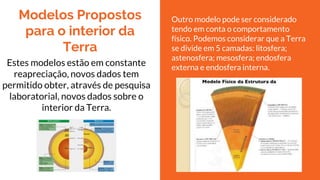 Modelos Propostos
para o interior da
Terra
Estes modelos estão em constante
reapreciação, novos dados tem
permitido obter, através de pesquisa
laboratorial, novos dados sobre o
interior da Terra.
Outro modelo pode ser considerado
tendo em conta o comportamento
físico. Podemos considerar que a Terra
se divide em 5 camadas: litosfera;
astenosfera; mesosfera; endosfera
externa e endosfera interna.
 