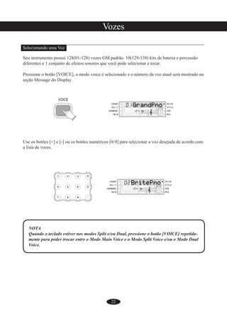 22
Vozes
Selecionando uma Voz
Seu instrumento possui 128(01-128) vozes GM padrão. 10(129-138) kits de bateria e percussão
diferentes e 1 conjunto de efeitos sonoros que você pode selecionar e tocar.
Pressione o botão [VOICE], o modo voice é selecionado e o número da voz atual será mostrado na
seção Message do Display.
Use os botões [+] e [-] ou os botões numéricos [0-9] para selecionar a voz desejada de acordo com
a lista de vozes.
NOTA
Quando o teclado estiver nos modos Split e/ou Dual, pressione o botão [VOICE] repetida-
mente para poder trocar entre o Modo Main Voice e o Modo Split Voice e/ou o Modo Dual
Voice.
 