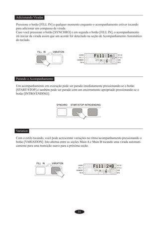 31
Adicionando Viradas
Pressione o botão [FILL IN] a qualquer momento enquanto o acompanhamento estiver tocando
para adicionar um compasso de virada.
Caso você pressione o botão [SYNCHRO] e em seguida o botão [FILL IN], o acompanhamento
irá iniciar da virada assim que um acorde for detectado na seção de Acompanhamento Automático
do teclado.
Parando o Acompanhamento
Um acompanhamento em execução pode ser parado imediatamente pressionando-se o botão
[START/STOP] e também pode ser parado com um encerramento apropriado pressionando-se o
botão [INTRO/ENDING].
Variation
Com o estilo tocando, você pode acrescentar variações no rítmo/acompanhamento pressionando o
botão [VARIATION]. Isto alterna entre as seções Main A e Main B tocando uma virada automati-
camente para uma transição suave para a próxima seção.
 