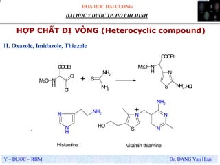 HOA HOC DAI CUONG
Y – DUOC – RHM Dr. DANG Van Hoai
DAI HOC Y DUOC TP. HO CHI MINH
HỢP CHẤT DỊ VÒNG (Heterocyclic compound)
.
II. Oxazole, Imidazole, Thiazole
N
N
H
NH2
S
N
OH
N
N
NH2
+
Histamine Vitamin thiamine
Cl
O
N
H
COOEt
MeO
NH2
NH2
S
S
N
NH2
N
H
COOEt
MeO
.HCl
+
 