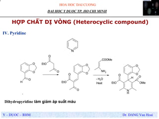 HOA HOC DAI CUONG
Y – DUOC – RHM Dr. DANG Van Hoai
DAI HOC Y DUOC TP. HO CHI MINH
HỢP CHẤT DỊ VÒNG (Heterocyclic compound)
.
IV. Pyridine
N
O
O
H
O
O
O
EtO
O
O
O
O
EtO
O
O
O
EtO
N
H
O
OMe
H
NH2
COOMe
- H2O
Heat
Dihydropyridine làm giảm áp suất máu
 