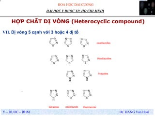 HOA HOC DAI CUONG
Y – DUOC – RHM Dr. DANG Van Hoai
DAI HOC Y DUOC TP. HO CHI MINH
HỢP CHẤT DỊ VÒNG (Heterocyclic compound)
.
VII. Dị vòng 5 cạnh với 3 hoặc 4 dị tố
O
N
N
O
NN
S
NN
S
N
N
O
N
N
N
H
N
N
S
N
N
N
H
N
NN
O
N
NN
S
N
NN
N
H
N
N
oxadiazoles
thiadiazoles
triazoles
tetrazole oxatriazole thiatriazole
 