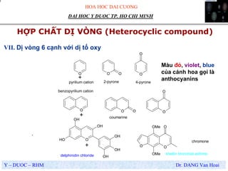 HOA HOC DAI CUONG
Y – DUOC – RHM Dr. DANG Van Hoai
DAI HOC Y DUOC TP. HO CHI MINH
HỢP CHẤT DỊ VÒNG (Heterocyclic compound)
.
VII. Dị vòng 6 cạnh với dị tố oxy
O O O O
O
O O O O
O
O
OH
OH
OH
OH
OH
OH
O
OOMe
OMe
O
+
+
+
pyrilium cation 2-pyrone 4-pyrone
benzopyrilium cation
coumarine
chromone
delphinidin chloride khellin bronchial asthma
Màu đỏ, violet, blue
của cánh hoa gọi là
anthocyanins
 