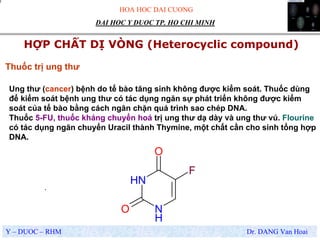 HOA HOC DAI CUONG
Y – DUOC – RHM Dr. DANG Van Hoai
DAI HOC Y DUOC TP. HO CHI MINH
HỢP CHẤT DỊ VÒNG (Heterocyclic compound)
.
Thuốc trị ung thư
Ung thư (cancer) bệnh do tế bào tăng sinh không được kiểm soát. Thuốc dùng
để kiểm soát bệnh ung thư có tác dụng ngăn sự phát triển không được kiểm
soát của tế bào bằng cách ngăn chặn quá trình sao chép DNA.
Thuốc 5-FU, thuốc kháng chuyển hoá trị ung thư dạ dày và ung thư vú. Flourine
có tác dụng ngăn chuyển Uracil thành Thymine, một chất cần cho sinh tổng hợp
DNA.
NH
N
H
O
O
F
 