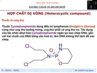 HOA HOC DAI CUONG
Y – DUOC – RHM Dr. DANG Van Hoai
DAI HOC Y DUOC TP. HO CHI MINH
HỢP CHẤT DỊ VÒNG (Heterocyclic compound)
.
Thuốc trị ung thư
Thuốc Cyclophosphamide dùng điều trị lymphomas (Hodgkin’s disease)
cũng như ung thư buồng trứng, ung thư phổi và ung thư vú. Tác dụng
của tác nhân alkyl hoá Cyclophosphamide ngăn sự sao chép DNA, gắn
với hai chuỗi của DNA bằng cầu hoá trị, làm DNA không thể tách để sao
chép.
N
H
P
O
N
O
Cl
Cl
 