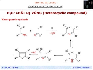 HOA HOC DAI CUONG
Y – DUOC – RHM Dr. DANG Van Hoai
DAI HOC Y DUOC TP. HO CHI MINH
HỢP CHẤT DỊ VÒNG (Heterocyclic compound)
.
Knorr pyrrole synthesis
R
2
R
1
O
NH2
R
3
R
4O
R
3
R
4
R
2
R
1
O
N
R
3
R
4
R
2
R
1
O
N
H
R
3
R
4
R
2
R
1 N
OH
N
R
3
R
4
R
1
R
2
+
H+
- H2O
- H2O
 