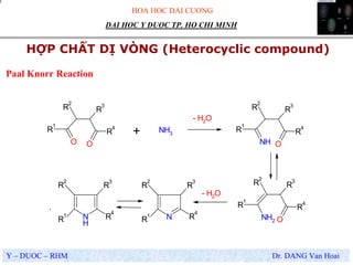 HOA HOC DAI CUONG
Y – DUOC – RHM Dr. DANG Van Hoai
DAI HOC Y DUOC TP. HO CHI MINH
HỢP CHẤT DỊ VÒNG (Heterocyclic compound)
.
Paal Knorr Reaction
O O
R
1
R
2
R
3
R
4
NH3
NH2 O
R
1
R
2
R
3
R
4
N
R
2
R
3
R
4
R
1N
H
R
2
R
3
R
4
R
1
NH O
R
1
R
2
R
3
R
4
+
- H2O
- H2O
 