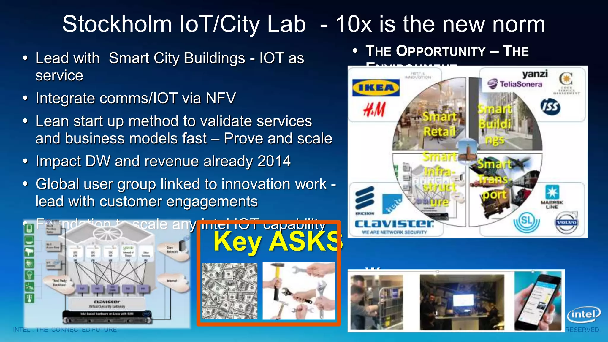 INTEL . THE CONNECTED FUTURE. COPYRIGHT © 2013 INTEL CORPORATION, ALL RIGHTS RESERVED.
Stockholm IoT/City Lab - 10x is the new norm
 THE OPPORTUNITY – THE
ENVIRONMENT
 WE STARTED THE JOURNEY
 Lead with Smart City Buildings - IOT as
service
 Integrate comms/IOT via NFV
 Lean start up method to validate services
and business models fast – Prove and scale
 Impact DW and revenue already 2014
 Global user group linked to innovation work -
lead with customer engagements
 Foundation to scale any Intel IOT capability
Key ASKS
 