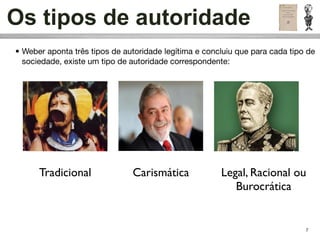 Os tipos de autoridade
• Weber aponta três tipos de autoridade legítima e concluiu que para cada tipo de
  sociedade, existe um tipo de autoridade correspondente:




      Tradicional              Carismática             Legal, Racional ou
                                                          Burocrática


                                                                              7
 