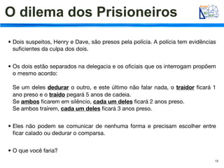 O dilema dos Prisioneiros
• Dois suspeitos, Henry e Dave, são presos pela polícia. A polícia tem evidências
  suﬁcientes da culpa dos dois.


• Os dois estão separados na delegacia e os oﬁciais que os interrogam propõem
  o mesmo acordo:

 Se um deles dedurar o outro, e este último não falar nada, o traidor ﬁcará 1
 ano preso e o traído pegará 5 anos de cadeia.
 Se ambos ﬁcarem em silêncio, cada um deles ﬁcará 2 anos preso.
 Se ambos traírem, cada um deles ﬁcará 3 anos preso.


• Eles não podem se comunicar de nenhuma forma e precisam escolher entre
  ﬁcar calado ou dedurar o comparsa.


• O que você faria?
                                                                                15
 