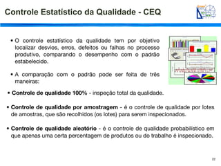 Controle Estatístico da Qualidade - CEQ


 • O controle estatístico da qualidade tem por objetivo
   localizar desvios, erros, defeitos ou falhas no processo
   produtivo, comparando o desempenho com o padrão
   estabelecido.

 • A comparação com o padrão pode ser feita de três
   maneiras:

• Controle de qualidade 100% - inspeção total da qualidade.

• Controle de qualidade por amostragem - é o controle de qualidade por lotes
  de amostras, que são recolhidos (os lotes) para serem inspecionados.

• Controle de qualidade aleatório - é o controle de qualidade probabilístico em
  que apenas uma certa percentagem de produtos ou do trabalho é inspecionado.



                                                                              22
 