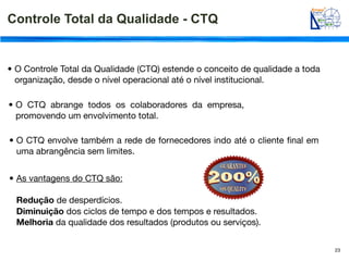 Controle Total da Qualidade - CTQ


• O Controle Total da Qualidade (CTQ) estende o conceito de qualidade a toda
  organização, desde o nível operacional até o nível institucional.

• O CTQ abrange todos os colaboradores da empresa,
  promovendo um envolvimento total.

• O CTQ envolve também a rede de fornecedores indo até o cliente ﬁnal em
  uma abrangência sem limites.


• As vantagens do CTQ são:

  Redução de desperdícios.
  Diminuição dos ciclos de tempo e dos tempos e resultados.
  Melhoria da qualidade dos resultados (produtos ou serviços).


                                                                               23
 