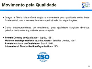 Movimento pela Qualidade

• Graças à Teoria Matemática surgiu o movimento pela qualidade como base
  fundamental para a excelência e a competitividade das organizações.


• Como desdobramentos do movimento pela qualidade surgiram diversos
  prêmios dedicados à qualidade, entre os quais:


• Prêmio Deming de Qualidade - Japão, 1951.
  Malcolm Baldrige National Quality Award - Estados Unidos, 1987.
  Prêmio Nacional de Qualidade - Brasil, 1991.
  International Standartization Organization - ISO.




                                                                       35
 