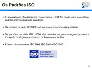 Os Padrões ISO

• A International Standartization Organization - ISO foi criada para estabelecer
  padrões internacionais de qualidade.


• Os padrões da série ISO 9000 deﬁnem os componentes da qualidade.


• Os padrões da série ISO 14000 são desenhados para assegurar processos
  limpos de produção que reduzam problemas ambientais.


• Existem ainda as séries ISO 2600, ISO 3100 e ISO 50001.




                                                                               38
 