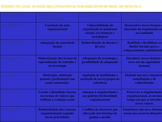 PERSPECTIVAS DE ANÁLISE ORGANIZACIONAL POR OBJETIVOS DE PROC. DE MUDANÇA Preservar a singularidade organizacional, ao mesmo tempo em que se introduz novos valores Ameaças à singularidade e aos padrões de identidade organizacional Coesão e identidade interna em termos de valores que reflitam a evolução social CULTURAL Estabelecer um novo sistema de acesso aos recursos disponíveis Conflitos de interesses por alteração nos sistemas de ganhos e perdas Redistribuição dos recursos organizacionais segundo novas prioridades POLÍTICA Instituir um novo sistema de contribuição e de redistribuição Aquisição de habilidades e aceitação de novos grupos de referência Motivação, satisfação pessoal e profissional com maior autonomia  HUMANA Introduzir novas técnicas e novo uso da capacidade humana Adequação da tecnologia e possibilidade de adaptação Modernização das formas de especialização do trabalho e de tecnologia TECNOLÓGICA Redefinir e flexibilizar os limites formais para o comportamento administrativo Redistribuição de direitos e deveres Adequação da autoridade formal ESTRUTURAL Desenvolver novas formas de interação da organização com seu ambiente Vulnerabilidade da organização às mudanças sociais, eco-nômicas e tecnológicas Coerência da ação organizacional ESTRATÉGIA PROPOSIÇÃO (AÇÃO INOVADORA) PROBLEMA CENTRAL OBJETIVOS PRIORITÁRIOS PERSPECTIVA 