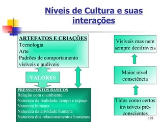 Níveis de Cultura e suas interações ARTEFATOS E CRIAÇÕES Tecnologia Arte Padrões de comportamento  visíveis e audíveis PRESSUPOSTOS BÁSICOS Relação com o ambiente Natureza da realidade, tempo e espaço Natureza humana Natureza da atividade humana Natureza dos relacionamentos humanos Visíveis mas nem sempre decifráveis Maior nível  consciência Tidos como certos invisíveis pré- conscientes VALORES 