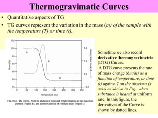Thermogravimatic Curves
• Quantitative aspects of TG
• TG curves represent the variation in the mass (m) of the sample with
the temperature (T) or time (t).
Sometime we also record
derivative thermogravimetric
(DTG) Curves.
A DTG curve presents the rate
of mass change (dm/dt) as a
function of temperature, or time
(t) against T on the abscissa (x
axis) as shown in Fig. when
substance is heated at uniform
rate. In this figure, the
derivatives of the Curve is
shown by dotted lines.
 