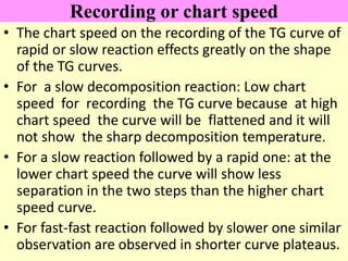 Recording or chart speed
• The chart speed on the recording of the TG curve of
rapid or slow reaction effects greatly on the shape
of the TG curves.
• For a slow decomposition reaction: Low chart
speed for recording the TG curve because at high
chart speed the curve will be flattened and it will
not show the sharp decomposition temperature.
• For a slow reaction followed by a rapid one: at the
lower chart speed the curve will show less
separation in the two steps than the higher chart
speed curve.
• For fast-fast reaction followed by slower one similar
observation are observed in shorter curve plateaus.
 