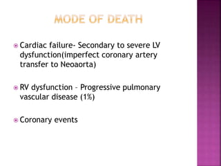  Cardiac failure- Secondary to severe LV
dysfunction(imperfect coronary artery
transfer to Neoaorta)
 RV dysfunction – Progressive pulmonary
vascular disease (1%)
 Coronary events
 