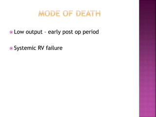  Low output – early post op period
 Systemic RV failure
 