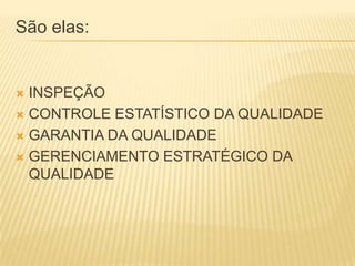 São elas:INSPEÇÃOCONTROLE ESTATÍSTICO DA QUALIDADEGARANTIA DA QUALIDADE GERENCIAMENTO ESTRATÉGICO DA QUALIDADE