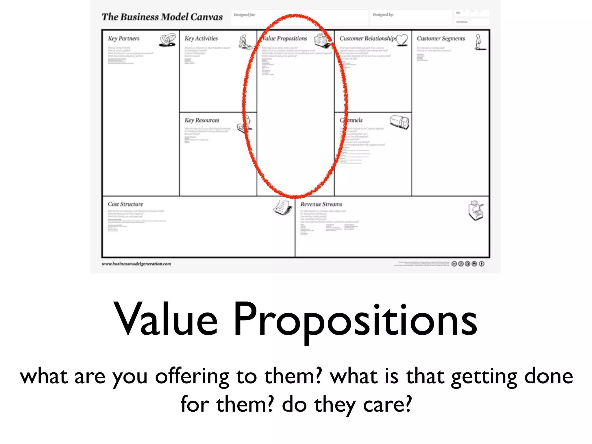 Value Propositions
what are you offering to them? what is that getting done
                for them? do they care?
 
