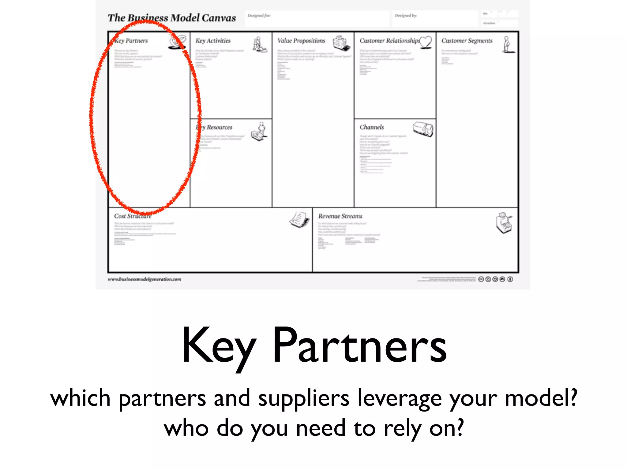 Key Partners
which partners and suppliers leverage your model?
          who do you need to rely on?
 