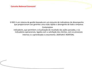 Conceito Balanced Scorecard




O BSC é um sistema de gestão baseada em um conjunto de indicadores de desempenho
     que proporcionam aos gerentes uma visão rápida e abrangente de toda a empresa.
                                       Contemplam
    indicadores, que permitem a visualização do resultado das ações passadas, e os
      indicadores operacionais, ligados com a satisfação dos clientes, com os processos
               internos e o aprendizado e crescimento. (KAPLAN E NORTON).
 