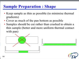 99
Sample Preparation : Shape
• Keep sample as thin as possible (to minimise thermal
gradients)
• Cover as much of the pan bottom as possible
• Samples should be cut rather than crushed to obtain a
thin sample (better and more uniform thermal contact
with pan)
 